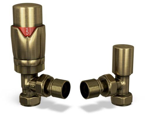 UK Radiators Thermostatic Radiator Valve (TRV) - 15mm Angled Lockshield - Old Antique Brass Colour - Energy Saving 1/2 x 15mm Brass Angled Valve
