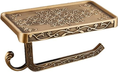 Porta carta igienica in ottone anticato con ripiano, supporto per carta igienica da parete in alluminio, con porta cellulare e gancio, stile moderno e antiruggine (bronzo alluminio)