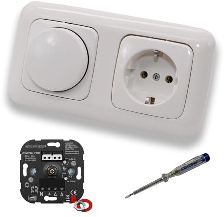 EBROM 1002 Universal PRO LED Drehdimmer Dimmer + Busch Jäger Dimmerscheibe 2115-214 und Steckdose 20EUC-214 in Reflex Si alpinweiß glänzend inklusive EBROM Phasenprüfer zur Montage der Geräte