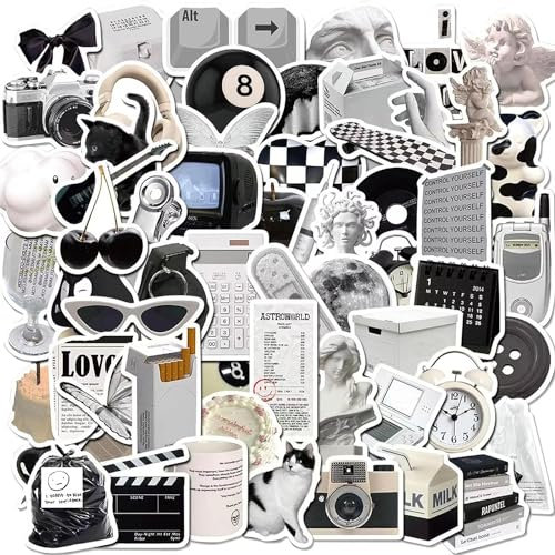 Vintage Aufkleber, Sticker Aesthetic für Wasserflaschen, Scrapbooking, Laptops,Wasserfeste Vinyl Aufkleber für Kinder Mädchen Jugendliche (Schwarz und Weiß)