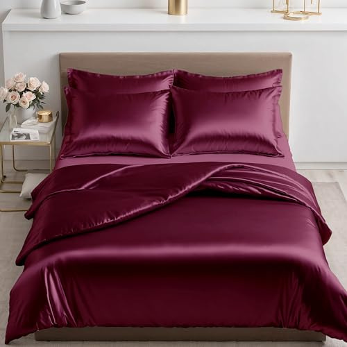 Cozyor Satin Bettwäsche 135x200 extra dick und weich mit robustem Reißverschluss Kissenbezug 80x80 cm, edles Satin 2-teilig, Bordeaux Berry