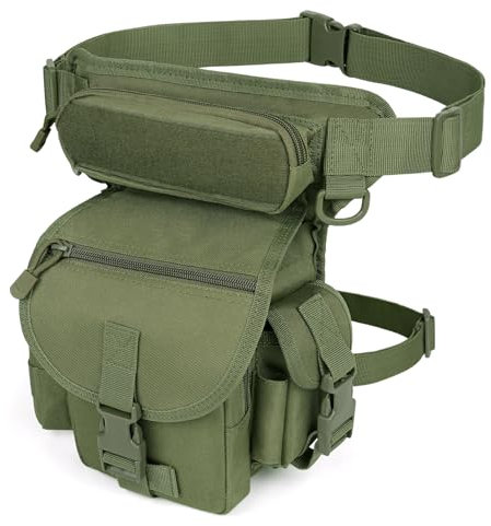 BITUOR Beintasche Motorrad, Militär Beinbeutel, Wasserabweisende Motorrad Tasche Bein, Molle System Hüfttasche für Herren Damen, Drop Leg Bag Outdoor zum Radfahren Wandern Klettern Camping, Grün
