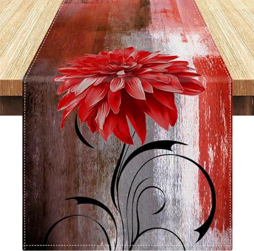 Tischläufer Rot Blumen Grau Tischläufer Leinen Retro Abstrakte Tischdecke Moderne Esszimmer Tischläufer 33 x 183 cm für Drinnen und Draußen Urlaub Party Couchtisch Bauernhof