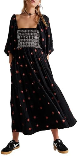 SANSIWU Women’s Flower Embroidered Maxi Dress Long Puff Sleeve Square Neck Bohemian Tiered Flowy Dress a line Casual Beach Dress (A-Black, L)