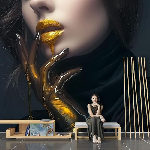SPECUFX 3D Wallpaper Wall Mural Woman Face Golden Lips Wallpaper 3D Mural Wall Wallpaper Wall Posters Wall Sticker Border Bedroom Wall Photo