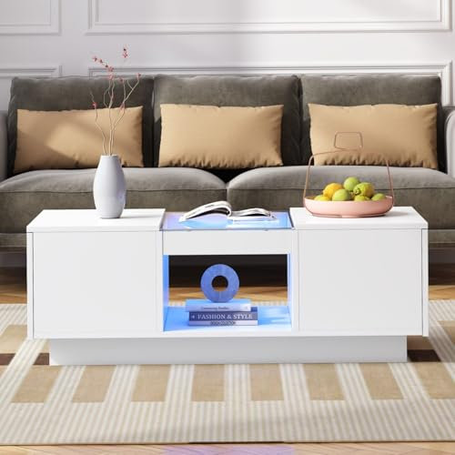 KOMHTOM Table Basse Moderne Blanche à Haute Brillance Petite Table Basse avec LED Table d'appoint Table de Salon avec Plateau en Verre (Blanc)