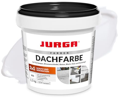JURGA Dachfarbe 1,5 Kg Weiß (≈3,5m²) 2 in 1: Deko & Schutz, Sockelfarbe, Betonfarbe, UV- und Witterungsbeständig, Hohe Elastizität, Einfache Anwendung, LF-frei, Innen- und Außenrenovierfarbe