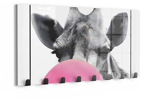 DEQORI Wandgarderobe Glas & Metall | Motiv Verspielte Giraffe | 60x30 cm | Design Haken-Leiste modern | Garderoben-Paneel für Flur, Wohnzimmer & Schlafzimmer | magnetisch & beschreibbar