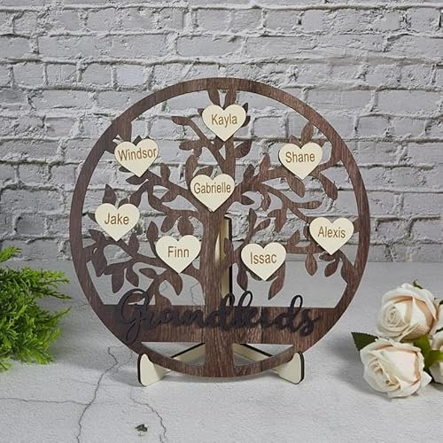 Décoration d'arbre généalogique 3D en bois avec noms de famille personnalisés - 25 cm - Cadeau de fête des mères - Décoration en bois