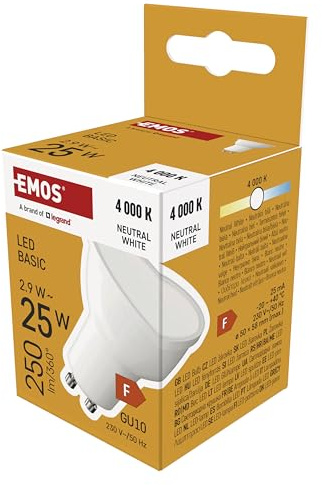 EMOS LED Lampe Spot, MR16, 2,9W Ersatz für 25W Halogenlampe, GU10 Sockel, Helligkeit 250 lm, Neutralweiß 4000 K, 20000 Stunden Lebensdauer, CRI min. 80, 110° Abstrahlwinkel