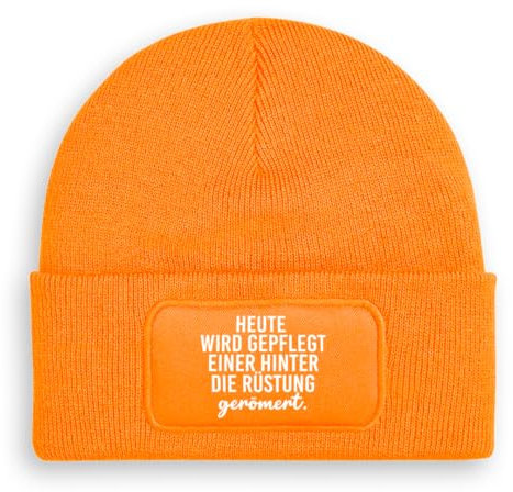 Hinter die Rüstung gerömert - Beanie | Strickmütze | Wollmütze | Beanie mit Druck | lustige Sprüche | Apres-Ski | Winter | Orange