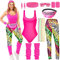 80er 90er Jahre Outfit Damen Set,80er Jahre Neon Kleidung Damen Set,80er Jahre Workout Kostüme für Damen mit Fluoreszierende Westen, Bauchtasche,Artistic Leggings für Karneval,Fasching,Mottoparty