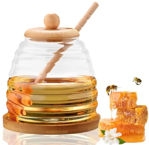 Kayuneed Tarro de miel de 500 ml, tarros de miel con cuchara de miel y tapa de madera, tarro de miel de cuello ancho, olla de miel con cuchara, recipiente de cristal sellado para jarabe y colmena