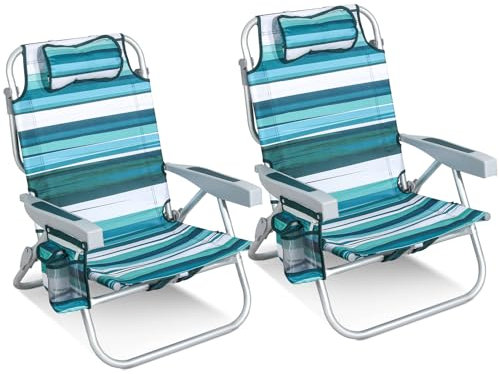 Homecall Strandstuhl Klappbar Leicht Klappstuhl Strand 5-stufig verstellbare Rückenlehne - Strandsessel Strandstühle Faltbar Bis 136KG für Strand, Outdoors (Niedrig, Klassisch Gestreift, 2 Stück)