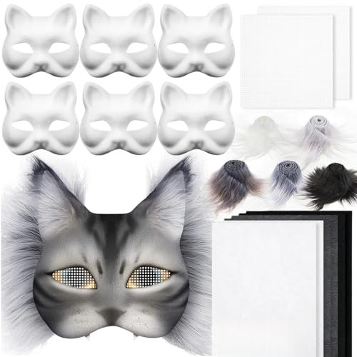 TETSMG Therian Mask Kit, Therian Masken Basteln Set mit Blanko Katzenmaske, Kuns Fell und Mesh, DIY Furry Tiermasken für Halloween, Karneval und Make up Cosplay Party (A)