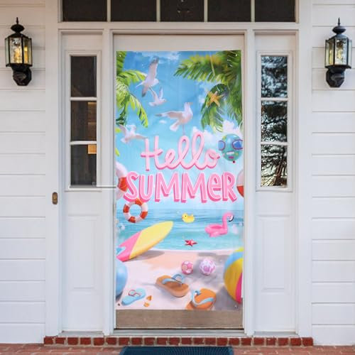Lyreh Hallo Sommer Banner, 175x90cm Hallo Sommer Türbanner Hintergrund Banner Strandparty Dekorationen für Urlaub Tropisches Küstenzubehör Fotoautomaten-Requisiten für Drinnen und Draußen
