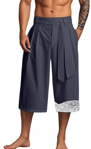 Générique Pantalon Japonais Homme Pantalon Court Taro Kimono Hommes en Lin Vêtements Traditionnels Short Japonais avec Cordon de Serrage Pantacourt Habillé