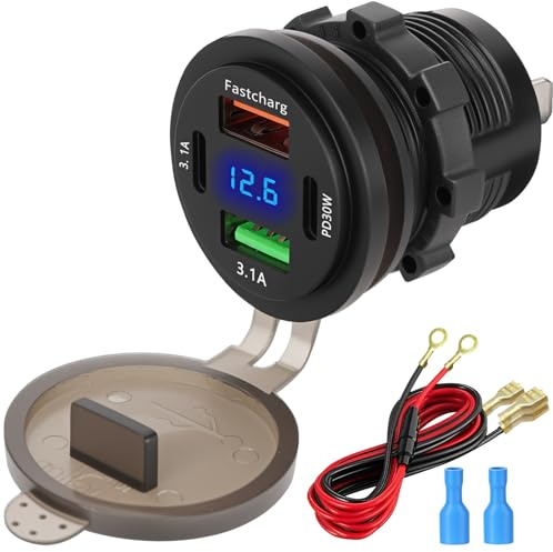 USB C PD Steckdose 12V USB Steckdose KFZ Buchse Einbau Typ C Dose 12 Volt DC Adapter KFZ Stecker mit Voltmeter für lPhone Wohnmobil LKW Wohnwagen Motorrad Boot