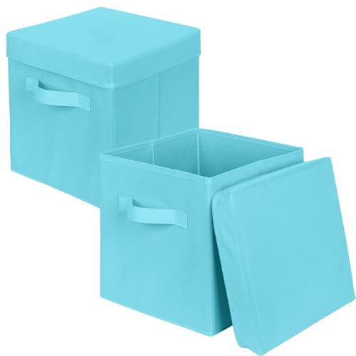 powerking Storage Box Bins, 2 Pack Foldable Fabric Storage Cube with Lid, Clothes Organizer Drawer For Closet And Toys Storage,27x27x28cm, Sky Blue