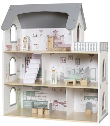 Puppenhaus aus Holz Grau – Große 3-stöckige Villa mit 14-TLG. Zubehör | Modernes Holz-Puppenhaus mit Möbeln & Figuren | Puppenvilla ab 3 Jahren