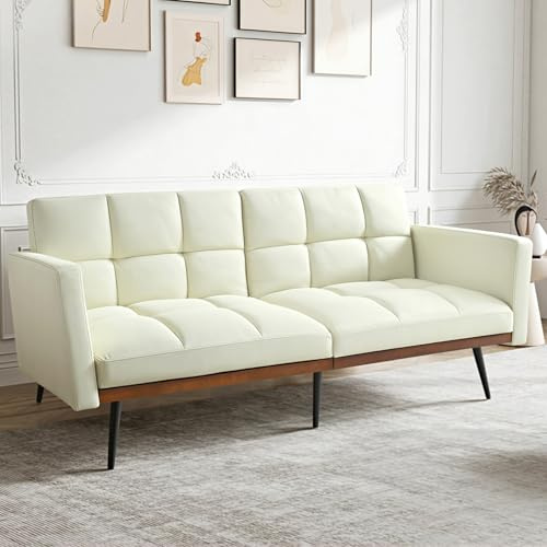 UIXENI Folding Sofa Bed 5 Adjustable Angles Backrest & Fixed Armrests Corner Couch for Living Room/Bedroom/Home Cinema/Guest Room (Beige)