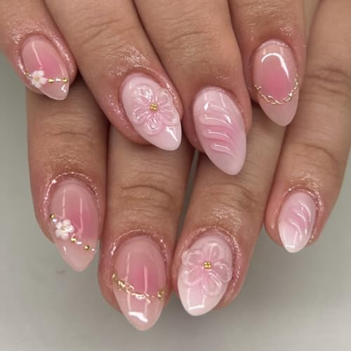 Zosutetoxo Press on Nails Short Almond 3D Blumen Pink Ombre Gold Nägel zum Aufkleben Kurz False Nails Set Stick on Nails for Women Fingernägel