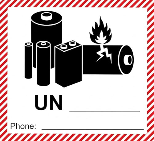 250 Warning Labels Lithium Batteries UN 100 x 100 mm – Stickers for Dangerous Goods, Class UN to Fill by Hand (UN3481, 3480, 3090, 3091) – Suitable for Writing UN Number and Telephone