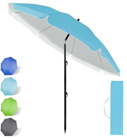 HOMEDEMO Parasol Plage Inclinable avec Revêtement Argenté, UV50+, avec ancre de plage de 12cm & Housse de Protection, pour Terrasse, Piscine, Marché, 217cm, Bleu Ciel