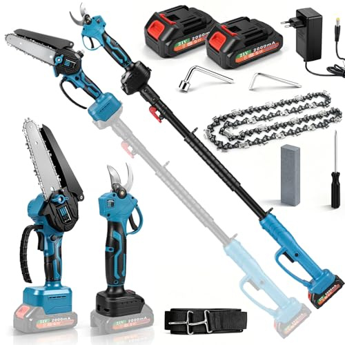 4-in-1 Akku Hochentaster, 6 Zoll Mini Kettensäge & Elektro Gartenschere