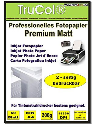 Beidseitig 50 Blatt DIN A4 200g /m² Premium MATT Fotopapier matt - sofort trocken - wasserfest - hochweiß - sehr hohe Farbbrillianz für Tintenstrahldrucker Flyerpapier Broschüren Vorlagen
