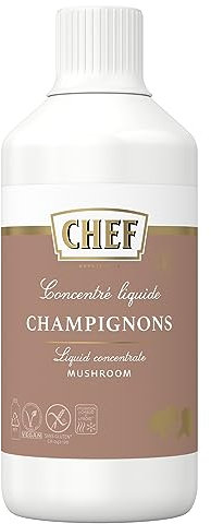 CHEF Concentré Liquide Champignons - A base de 40% de Champignons Réhydratés - Utilisable à Chaud et à Froid - Gain de temps - Aide Culinaire, Sauce, Fonds, Fumet - Bouteille de 980 ml