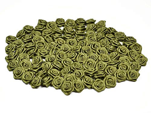 Rosen 15 mm x 100 Stück Satinrosen Aufnäher Deko Blumen Röschen zum Basteln Haarschmuck kleine Rosenköpfe Farbe: olivegrün 563