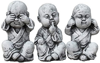 Steinfigur 3er Set Buddha Mönche Nichts sehen, Nichts hören, Nichts Sagen, Frostfest bis -30°C, massiver Steinguss