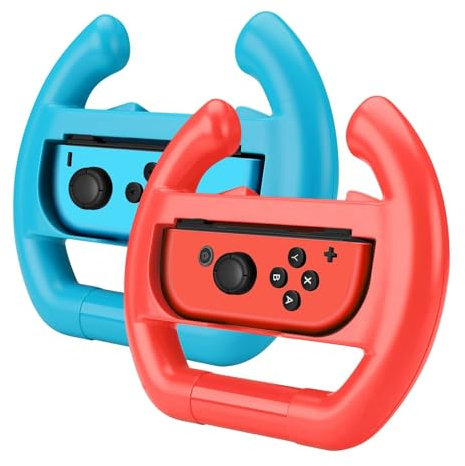 TNP Nintendo Switch Rueda Mando Joy-Con Controlador Volante Accesorio 2 Unidades Color Rojo y Azul para Mario Kart 8 Deluxe, Racing Apex, Fast RMX, Redout, Juego de Coche de Carreras