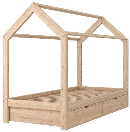 VitaliSpa Hausbett Wiki, Bett aus Holz, Naturholz, 90x200 cm mit 2 Schubladen