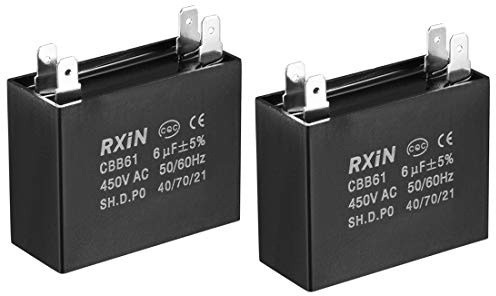 sourcing map Ceiling Fan Capacitor CBB61 6uF 450V AC Double Insert Metalized Polypropylene Film Capacitors 47x20x37.5mm for Water Pump Motor Generator, Pack of 2