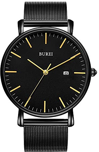 BUREI Ultra Dünne Uhren Herren Schwarze Analoges Datum Armbanduhr Herren mit Japanisches Quarzwerk, Geschenke für Männer (schwarz)