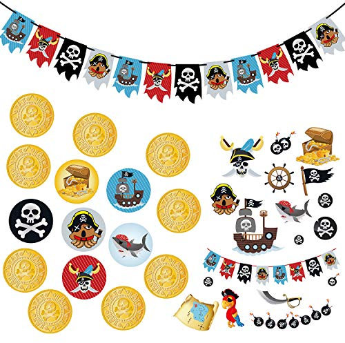 Oblique Unique® Piraten Party Kindergeburtstag Deko Set - Piraten Girlande + Temporäre Piraten Tattoos + Piraten Konfetti