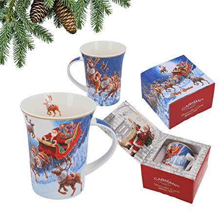CARMANI - Festive Porcelain Mug, Decorated by Marcello Corti Painting - Santa Claus, Christmas Tree - 350ml