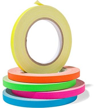 Modulor Gewebeband Gaffa, neonfarbenes Klebeband-Set aus PE-beschichtetem Gewebe, stark haftendes Gaffa-Tape mit Naturkautschuk, 5 Rollen 10 mm x 25 m, blau, gelb, orange, grün, pink
