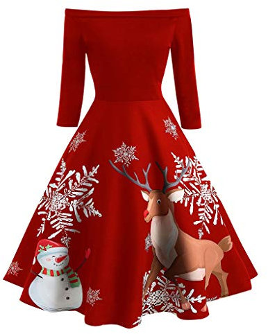 Femme Robe De SoiréE Vintage Annee 50' NoëL Fleurie Imprimé Manches Longues VêTements NoëL Robe Fille Chic pour SoiréE Sexy Bustier Swing Dress (M(EU36), Rouge)