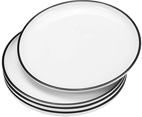 Hoxierence 10 Inch Ceramic Dinner Plates, Classic White Round Porcelain Serving Dishes with Black Line Edge for Steak, Pasta, Pizza, Restaurant - Set of 4