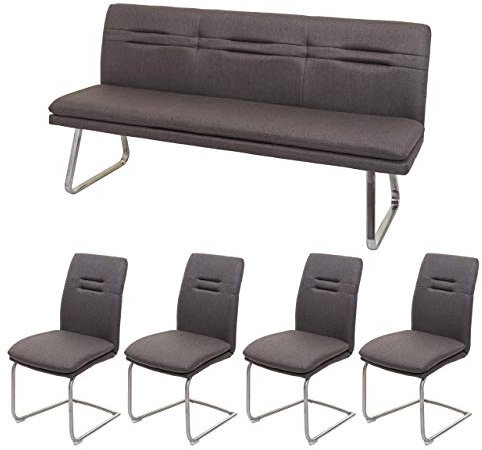Mendler Esszimmer-Set HWC-H70, Esszimmergruppe Sitzgruppe Esszimmergarnitur, Stoff/Textil Edelstahl gebürstet - grau-braun 180cm