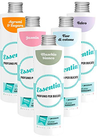 ESSENTIA Kit Estate con 5x Profumo per Bucato con Igienizzante da 250ml, Essenza Profuma Bucato, Profumatore Bucato per Lavatrice con Estratti di Oli Essenziali Naturali