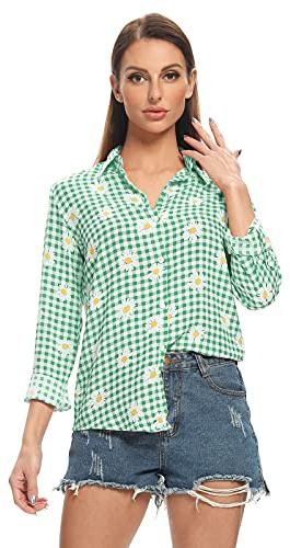 Aeslech Chemise légère à carreaux classique boutonnée à manches retroussables pour femme, D vert., XXL