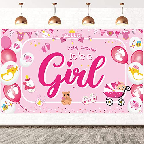 DPKOW Rosa It's a Girl Banner für Babyparty Dekoration für Mädchen, Baby Shower Innen Haus Dekoration, Babydusche Foto Hintergrund Dekoration, Babyparty Wand Raum Dekoration, 185 * 110cm Stoff