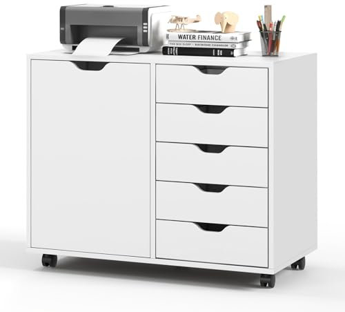 COSTWAY Mobile File Cabinet, 5 Drawers Lateral Stationery Storage Organiser Chest with Wheels and Door, Home Office Printer Stand Side Filing Cupboard (White, 79 x 39 x 65cm)