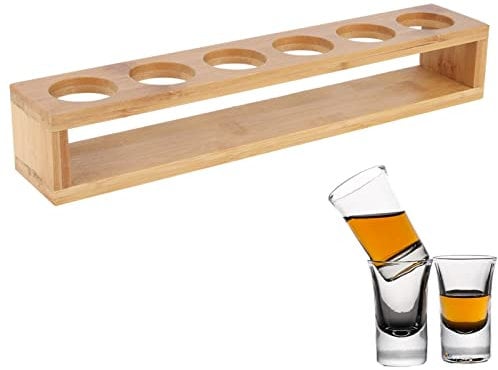 Agatige Wooden Glasses Holder 6 Shot Heavy Base for Whisky Tequila Glass Serving Tray (Brown)