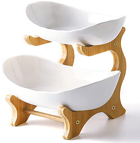 Liywall - 2 Tier Ceramic Fruit Bowl With Bamboo Wood Stand for Kitchen Counter,Porcelain Fruit Basket for Vegetable Storage,Snack Dessert Cake Tray Plate Rack for Party Wedding - White