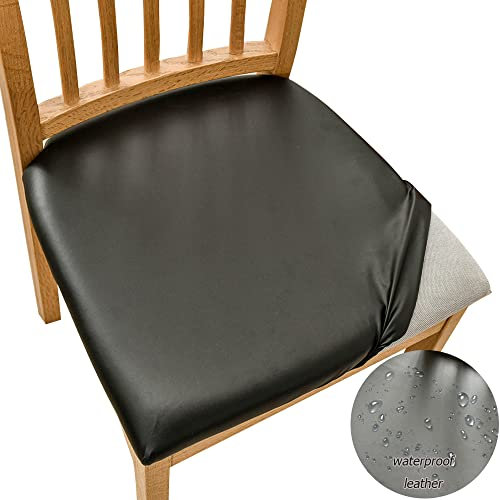 Highdi Fundas de Asiento de Silla 1/2/4/6 Piezas, PU Cuero Impermeable Fundas Cojín del Asiento Elásticas, Fundas Cojín Sillas de Comedor Extraíbles y Lavables para Cocina Oficina (Negro,2 Piezas)